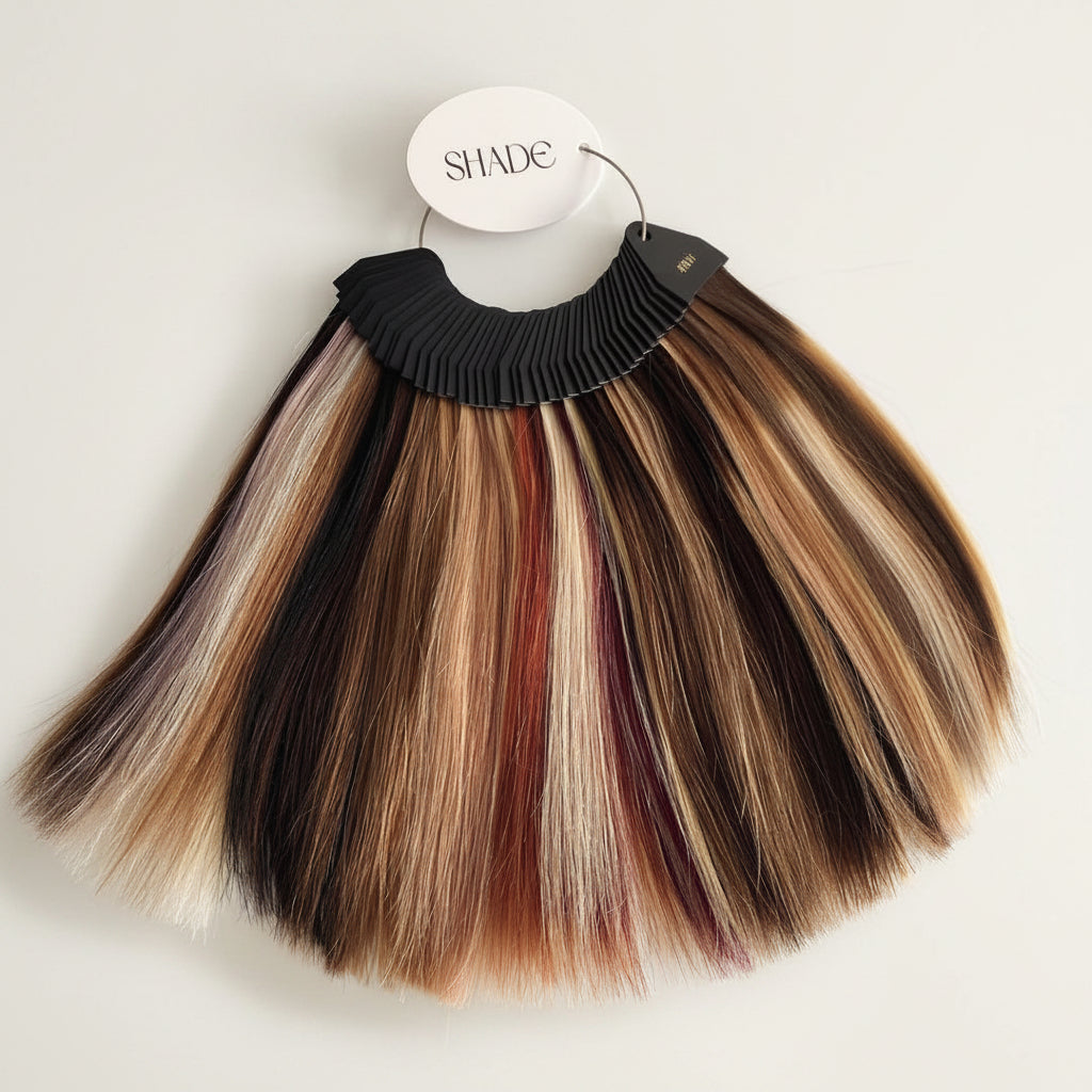 A color ring displaying various shades of human hair in a fan-like arrangement, with a label at the top center indicating the brand or product name.
